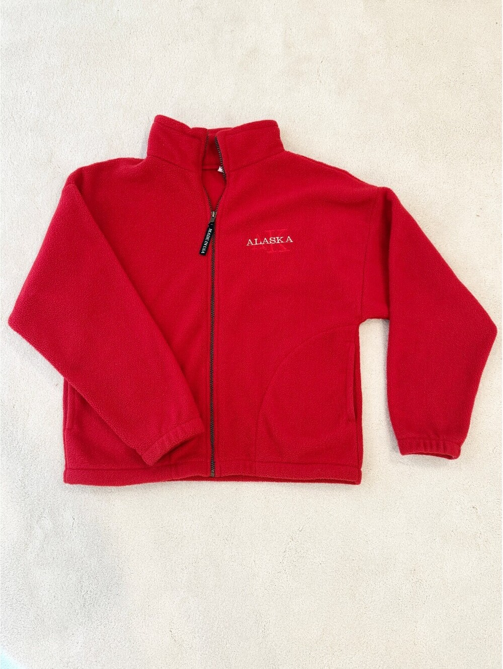 Vintage Alaska Made in USA Red Fleece Full Zip Jacket Size Small Embroidered